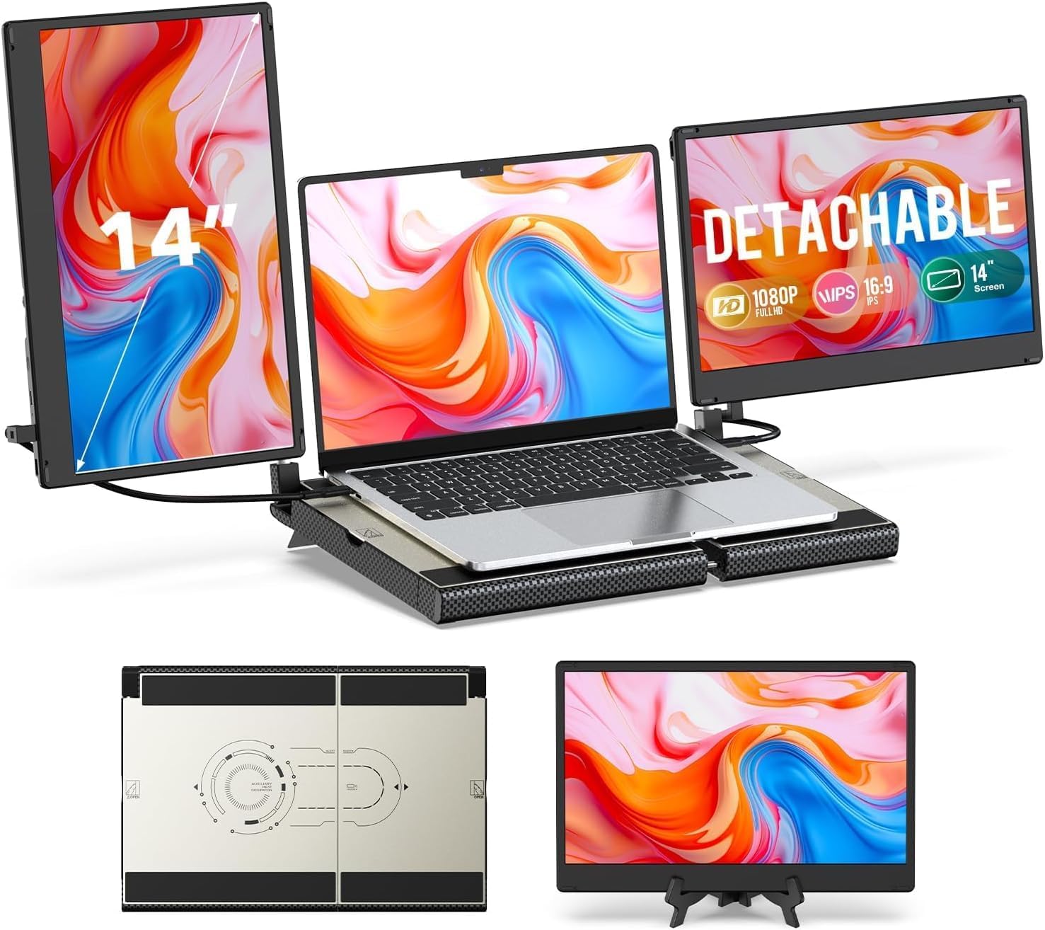Laptop Screen Extender  14" FHD 1080P Laptop Monitor Extender  Stretchable Base and Detachable Screen  Plug & Play  Triple Screen Extender Compatible with Windows  Mac  Chrome