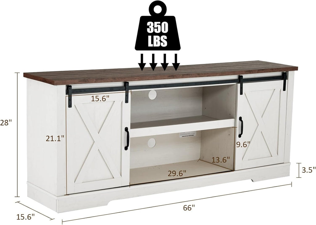 AMERLIFE 66" Farmhouse TV Stand for 75 Inches TVs, Entertainment Center with Sliding Barn Door and Adjustable Shelf & Feet, Console Table with Storage, Distressed White & Rustic