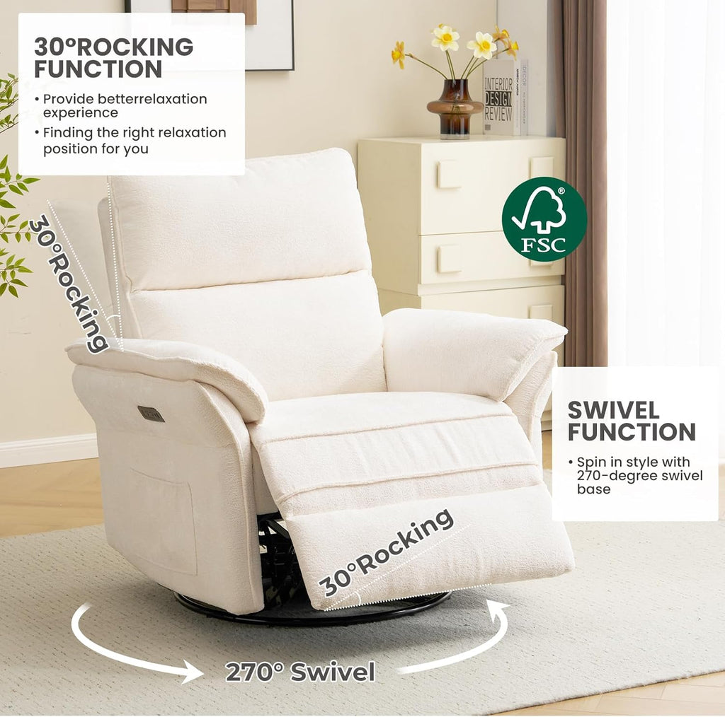 Oversized Power Recliner Chair Swivel Glider with Massage and Heat, Rocker Nursery Recliner for Adults with Adjustable Headrest, 26" Extra Wide Nursery Chair with Overstuffed Armrest,White