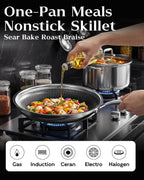 Nonstick Frying Pan with Lid 12-Inch, Durable Stainless Steel Skillet, Induction Cooktop Compatible, PFOA-Free Scratch-Proof, Dishwasher & Oven Safe, Stay-Cool Handle, Silver Kitchen Cookware