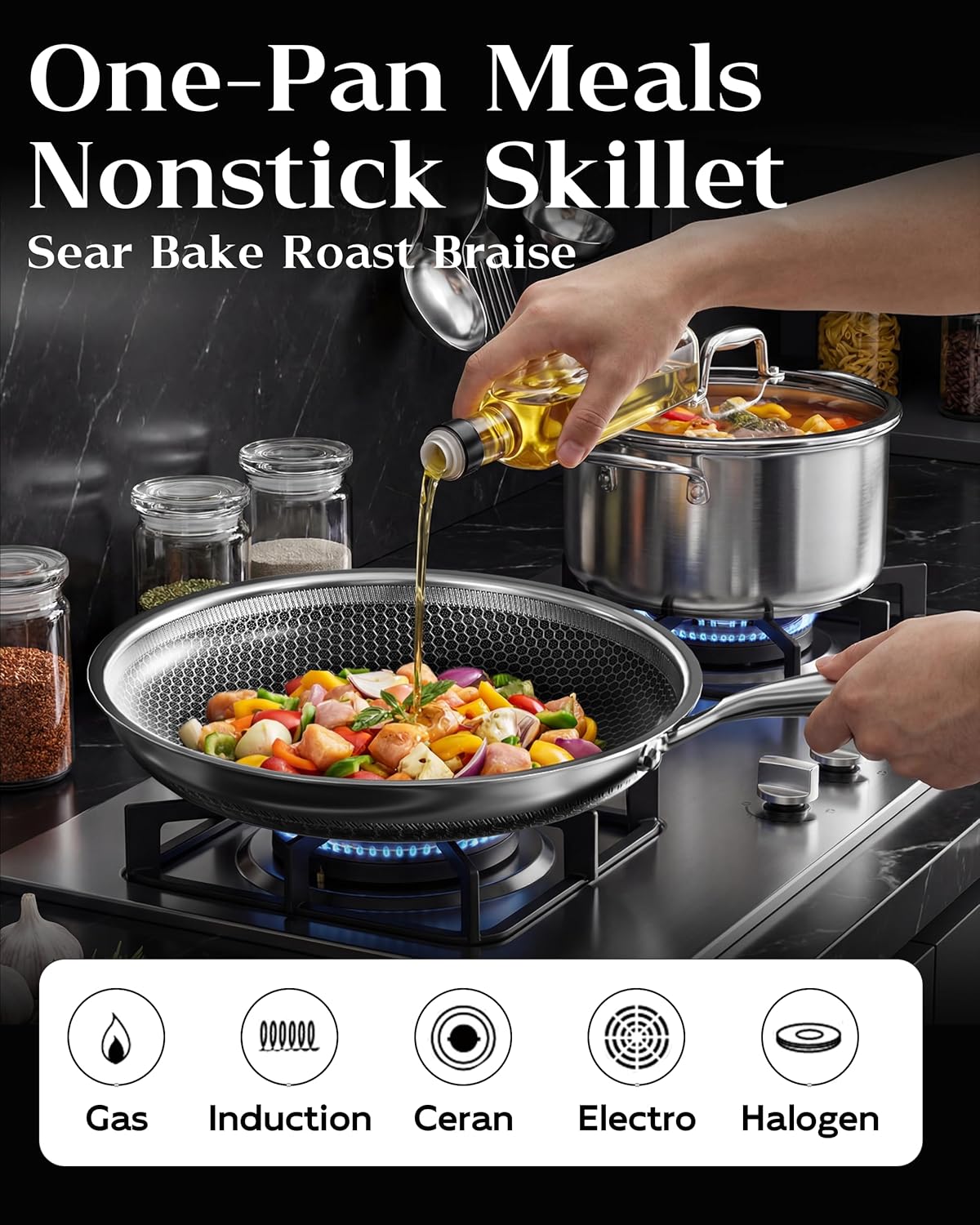 Nonstick Frying Pan with Lid 10-Inch, Durable Stainless Steel Skillet, Induction Cooktop Compatible, PFOA-Free Scratch-Proof, Dishwasher & Oven Safe, Stay-Cool Handle, Silver Kitchen Cookware