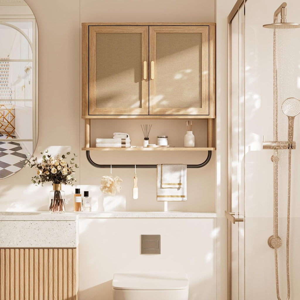 INNOD Rattan Bathroom Wall Cabinet with Towel Bar, Wall-Mounted Medicine Cabinet with Adjustable Wood Shelf & Doors, Over The Toilet Storage Cabinet for Laundry Room & Kitchen & Living Room