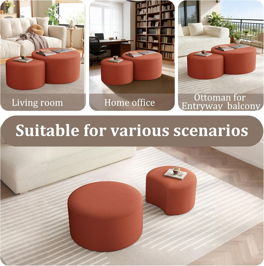 BSHOMGI Nesting Coffee Table Set of 2, Upholstered Round Corduroy Circle Foam Round Side Table for Living Room, Entryway Set, 32"+17" Footrest No Assembly (Orange, 32"+17")