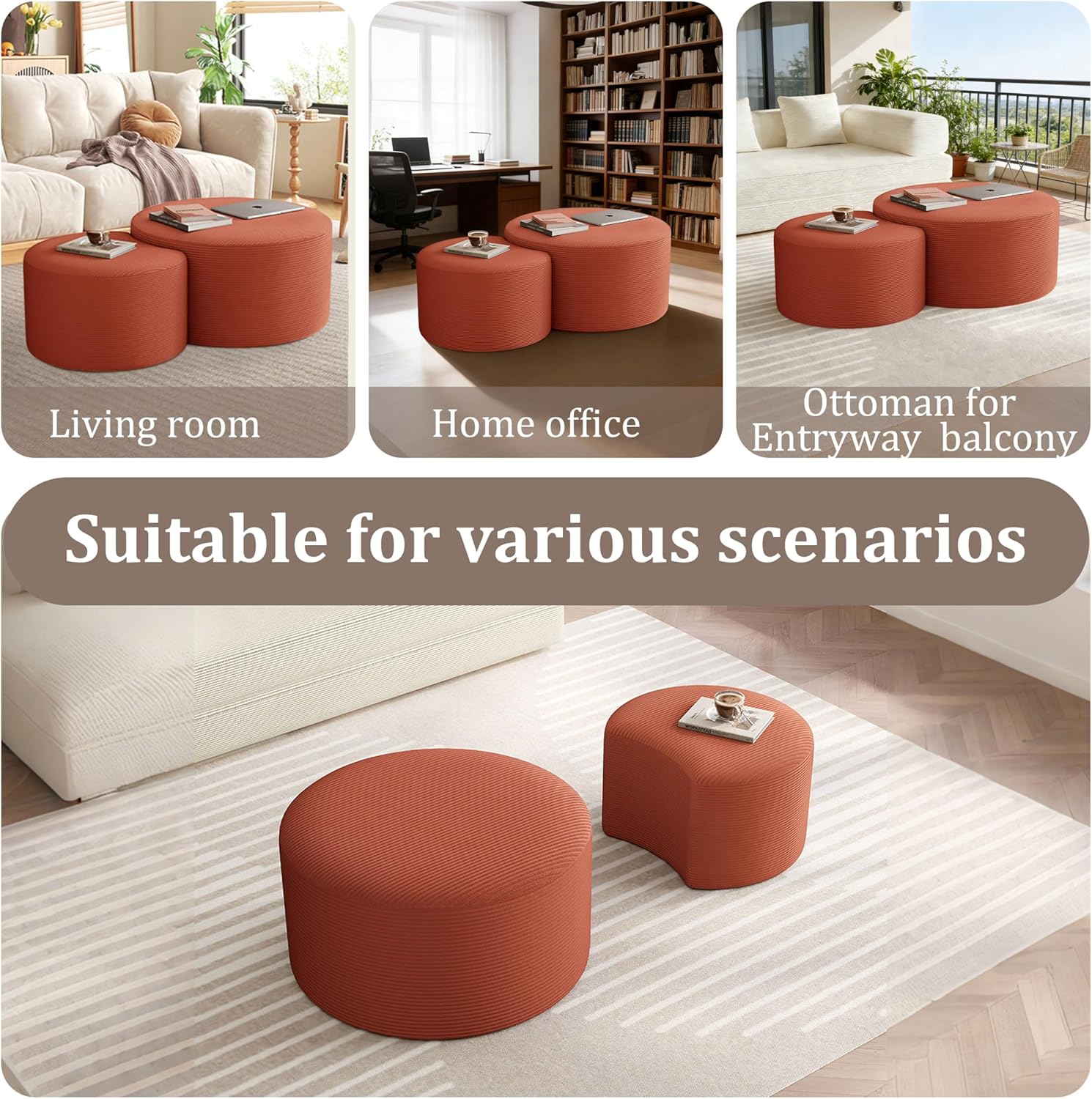 BSHOMGI Nesting Coffee Table Set of 2, Upholstered Round Corduroy Circle Foam Round Side Table for Living Room, Entryway Set, 32"+17" Footrest No Assembly (Orange, 32"+17")