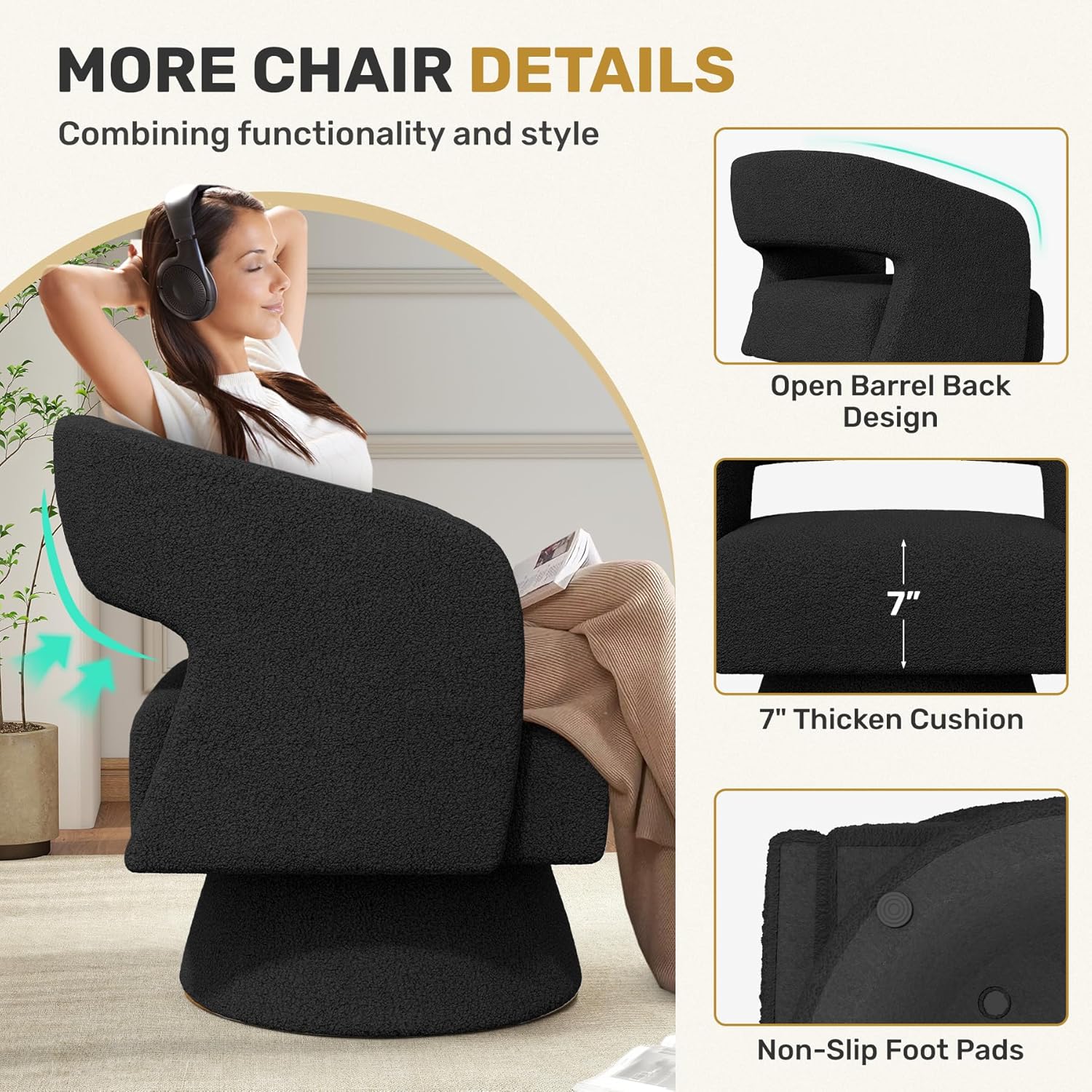 Swivel Accent Chair Set of 2, Modern Comfy Teddy Barrel Chairs, Oversized Upholstered Round Arm Chair for Living Room, Bedroom, Reading Room, Black