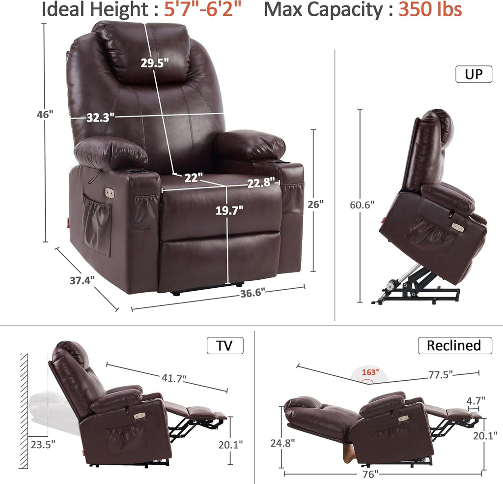 MCombo Dual Motor Large Power Lift Recliner Chair for Elderly, Lay Flat Lift Chair with Heat and Massage, Big Lift Recliner for Tall People, Faux Leather 7815 (Dark Brown)
