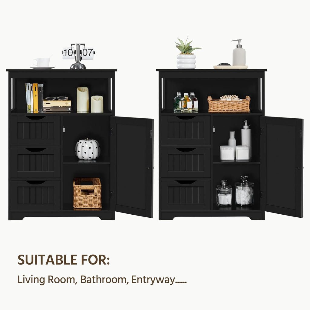 Yaheetech Bathroom Storage Cabinet Bathroom Floor Cabinet Freestanding Organizer and Storage with Door, 3 Drawers, Adjustable Shelf, 35.5 Inches Height, Black Cabinet
