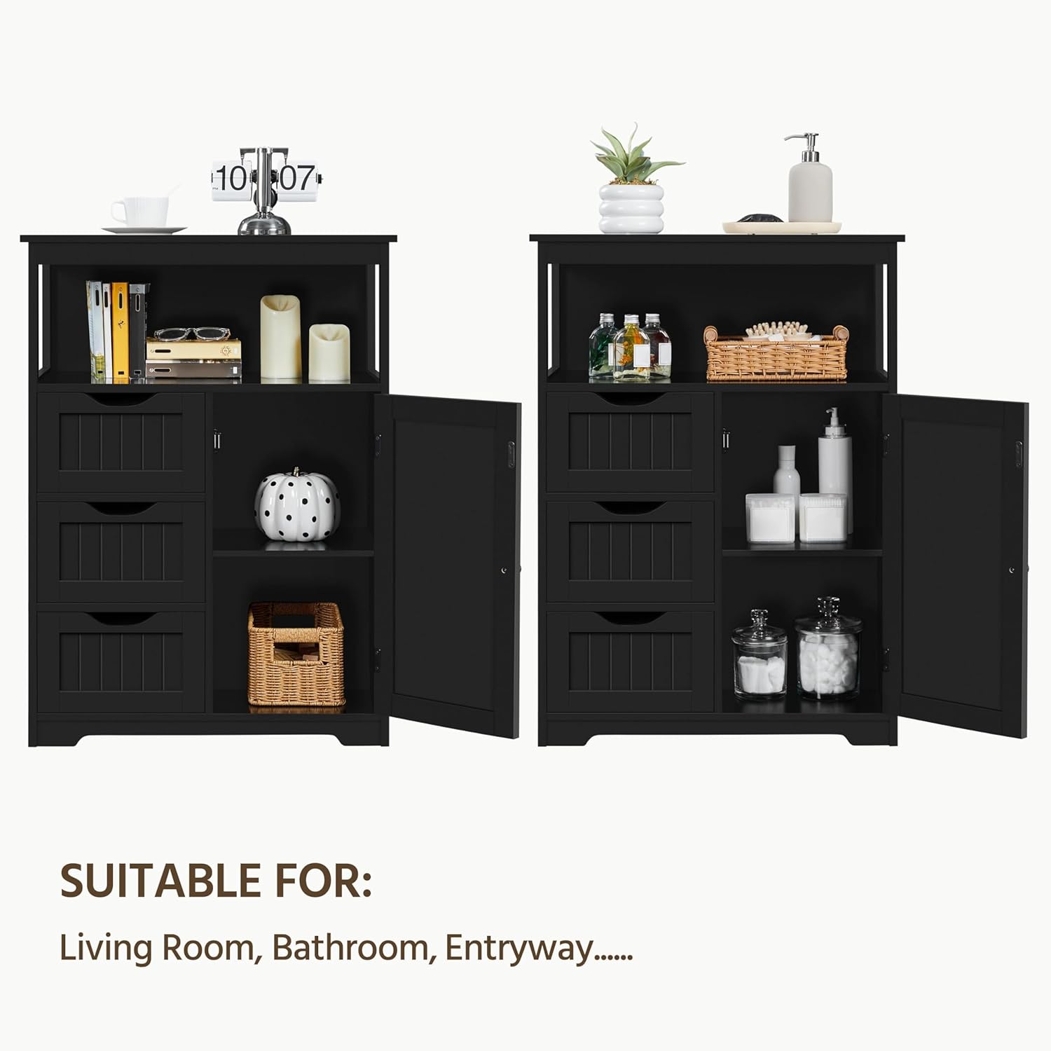 Yaheetech Bathroom Storage Cabinet Bathroom Floor Cabinet Freestanding Organizer and Storage with Door, 3 Drawers, Adjustable Shelf, 35.5 Inches Height, Black Cabinet