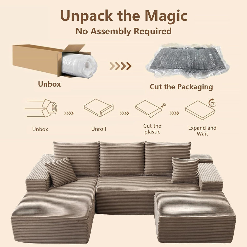 107" Modular Sectional Sofa with Ottoman, Modern Corduroy Cloud Couch with Deep Seat, Boneless Couch Upholstered 3-Seater U-Shaped Sofa for Living Room, No Assembly (Camel, Left-Facing Chaise)