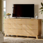 Fluted Dresser with 9 Drawers, 63" Wide Modern Chest of Drawers with Metal Handle, Wooden Dresser TV Stand, Wood Closet Clothes Storage Organizer for Bedroom, Living Room, Hallway, Natural Oak