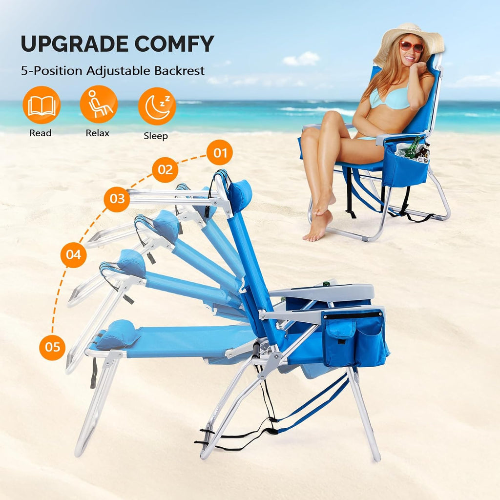 VINGLI Tall Beach Chair 1 Pack Lightweight, Backpack Beach Chair for Adults with 5-Position, Cooler Bag, Cup Holders, Towel Bar, Lightweight Folding Beach Camping Chairs Blue