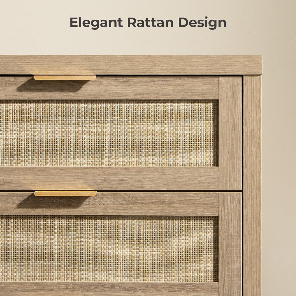 SICOTAS Rattan Dresser for Bedroom, 57" Wide 6 Drawer Dresser with Ample Storage, Dressers Large Chest of Drawers, Closet, Boho TV Stand for Bedroom (Reclaimed Light Oak, 1 Piece)