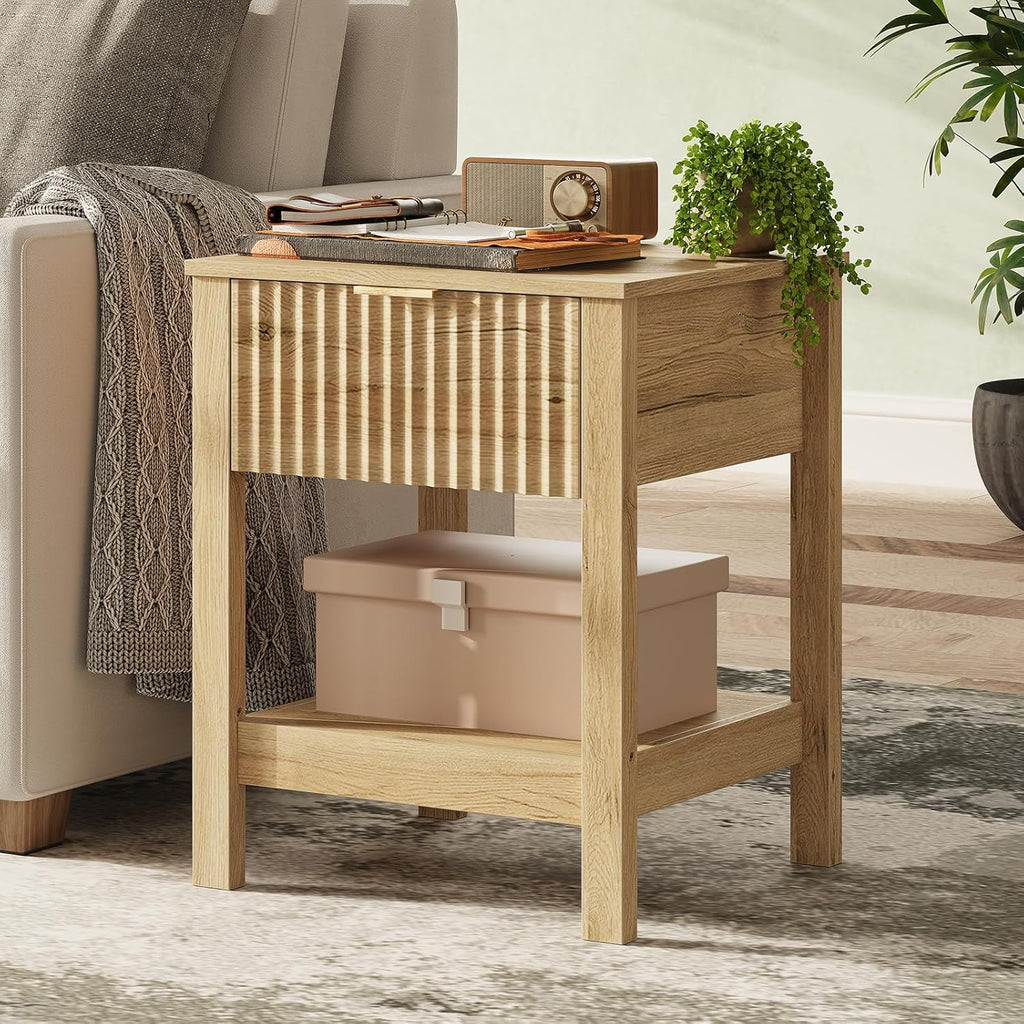 Fluted Night Stand with Golden Handle,Set of 2 Mid-Century Nightstands with Drawer, Bedside Table with Storage Shelf,Large Wood End Tables for Livingroom,Bed Side Tables for Bedroom, Natrual Oak