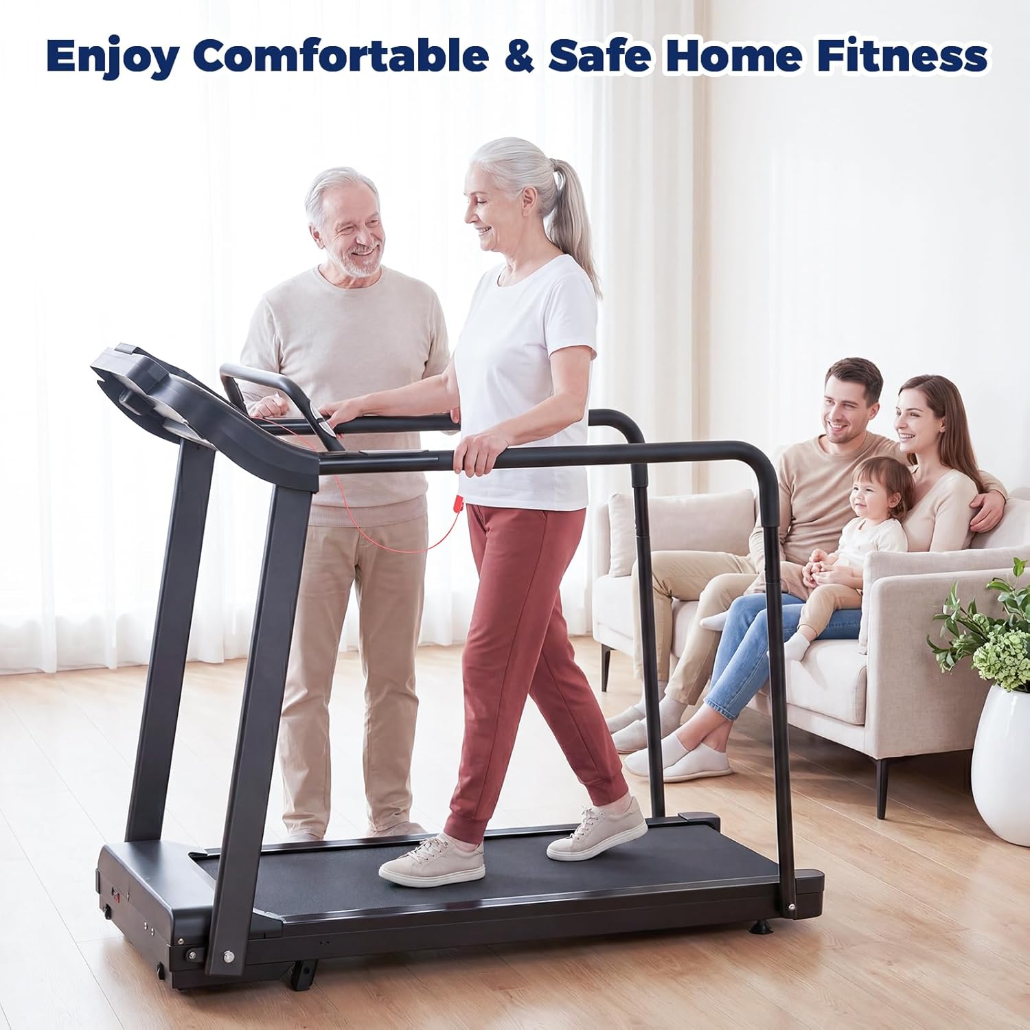 Treadmill for Senior at Home, Walking Jogging Running Pad Treadmill for Elderly, with Long Handrails, Heart Rate Monitor, Wide Running Belt, 2.5 HP, 300 LBS Capacity, PAD Stand & Cup Holder