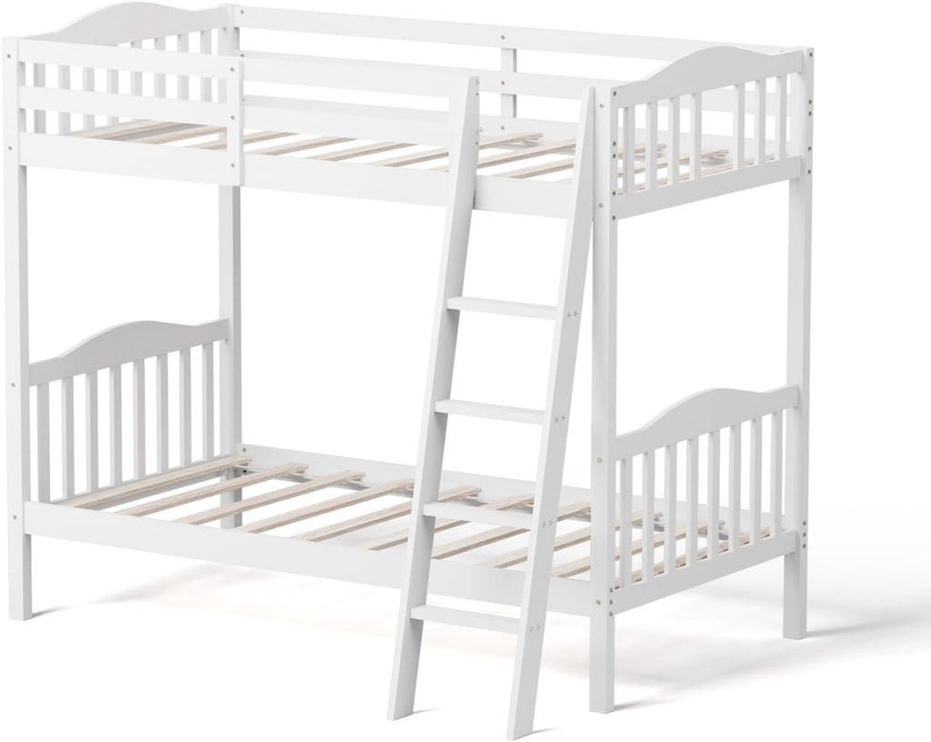 VINGLI Solid Wood Bunk Bed Twin Over Twin Classic, Twin Bunk Beds for Kids and Adults with Full Length Guardrails and Flats Pedals,Easy Assembly,No Box Spring Required,White