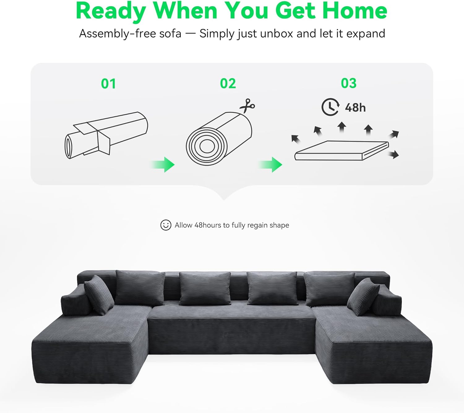 141'' Modular Sectional Sofa, PRO Version U-Shape Boneless Couch, Oversized Deep Seating Cloud Couch, No Assembly, High-Resilience Foam, Soft Corduroy Fabric, for Living Room Apartments Grey | High-Resilience Foam