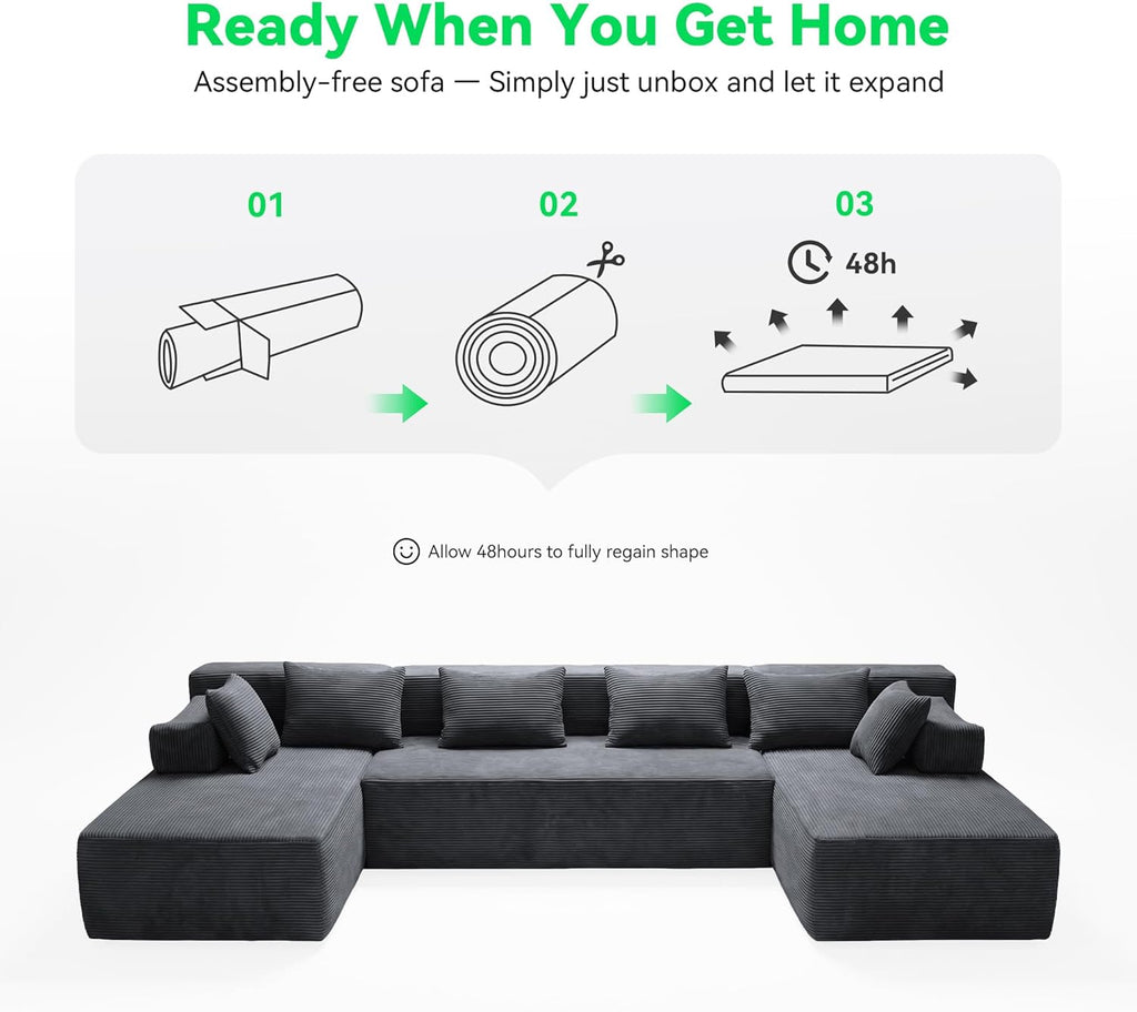 141'' Modular Sectional Sofa, PRO Version U-Shape Boneless Couch, Oversized Deep Seating Cloud Couch, No Assembly, High-Resilience Foam, Soft Corduroy Fabric, for Living Room Apartments Grey | High-Resilience Foam