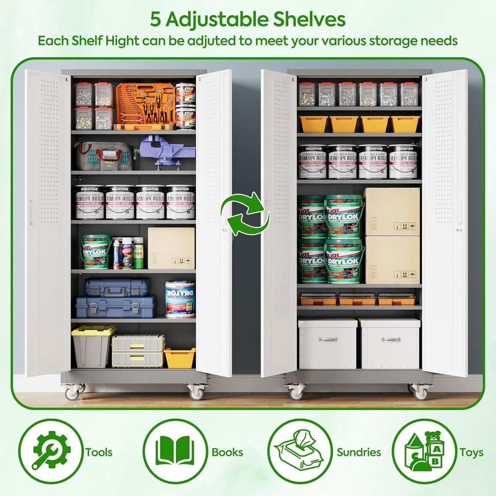 71" H Metal Storage Cabinet with Wheels and Pegboard, Lockable Steel Garage Storage Cabinet with 5 Adjustable Shelves and Door for Garage, Office, Kitchen, Assembly Required（Grey and White）