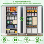 71" H Metal Storage Cabinet with Wheels and Pegboard, Lockable Steel Garage Storage Cabinet with 5 Adjustable Shelves and Door for Garage, Office, Kitchen, Assembly Required（Grey and White）