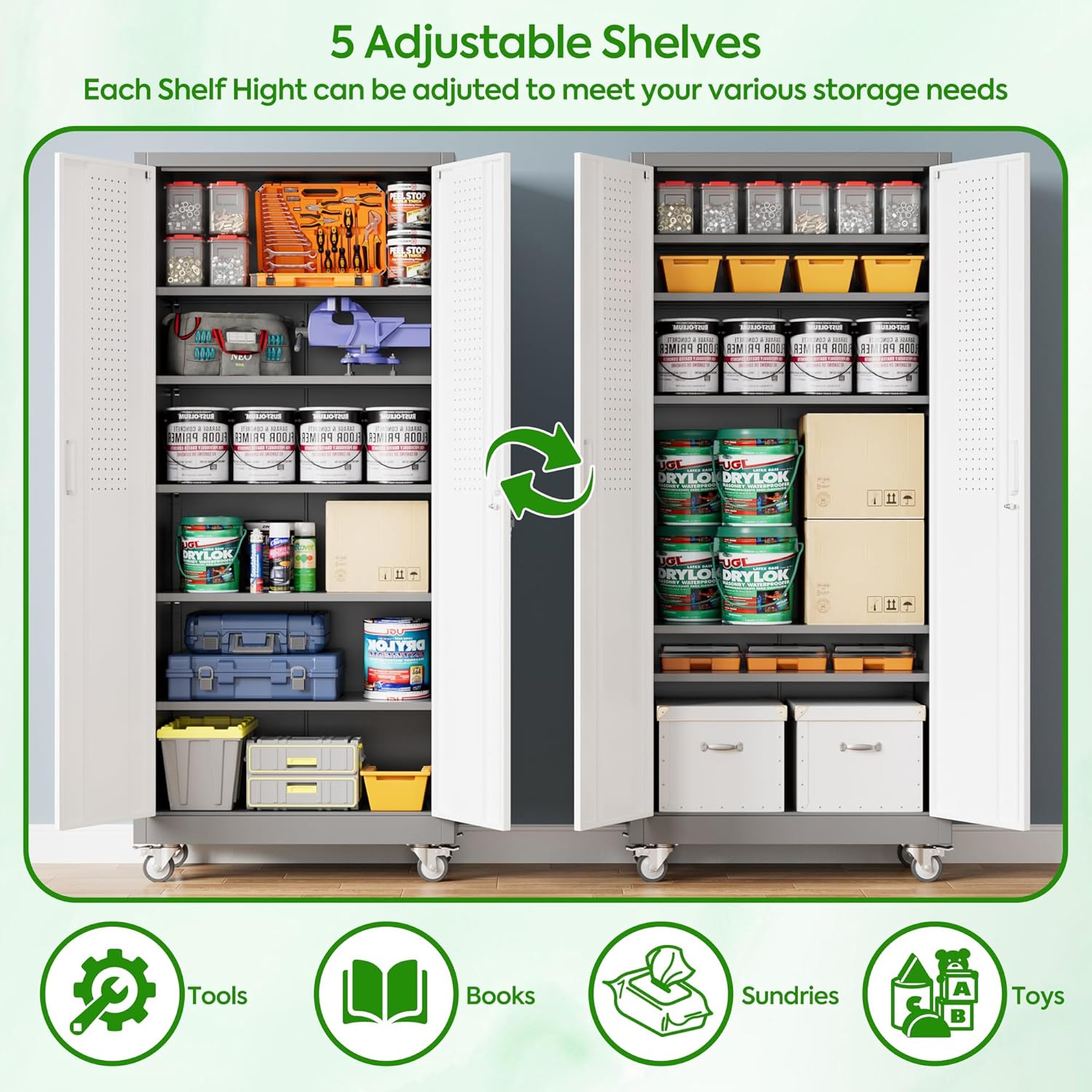 71" H Metal Storage Cabinet with Wheels and Pegboard, Lockable Steel Garage Storage Cabinet with 5 Adjustable Shelves and Door for Garage, Office, Kitchen, Assembly Required（Grey and White）