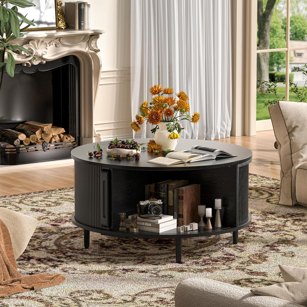 Round Coffee Table, 31.5" Fluted Center Table with Storage, Lift-Top Coffee Table with Adjustable Footpads, Sliding Door, Mid-Century Modern Center Table for Living Room, Small Space (Black)