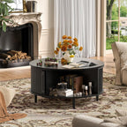 Round Coffee Table, 31.5" Fluted Center Table with Storage, Lift-Top Coffee Table with Adjustable Footpads, Sliding Door, Mid-Century Modern Center Table for Living Room, Small Space (Black)