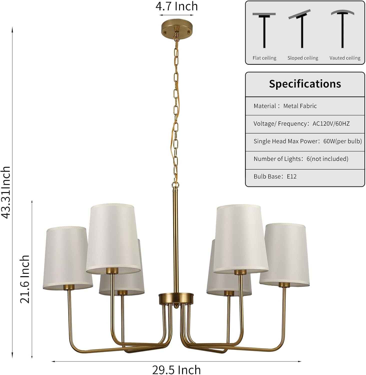 29.5" Gold Farmhouse Chandelier with Shade, 6-Arm Modern Dining Room Chandeliers Light Fixture,Industrial Hanging Pendant Lights for Kitchen Bedroom Living Room Bulb Not Included