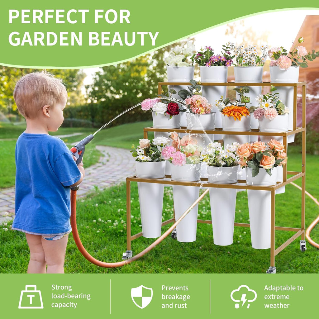 Flower Cart Display Stand  3 Layers Metal Flower Bar Stand with 360° Swivel Wheels and Brake  Flower Display stand with Iron Buckets  Durable than Plastic Buckets  Flower Holder for Florist or Wedding