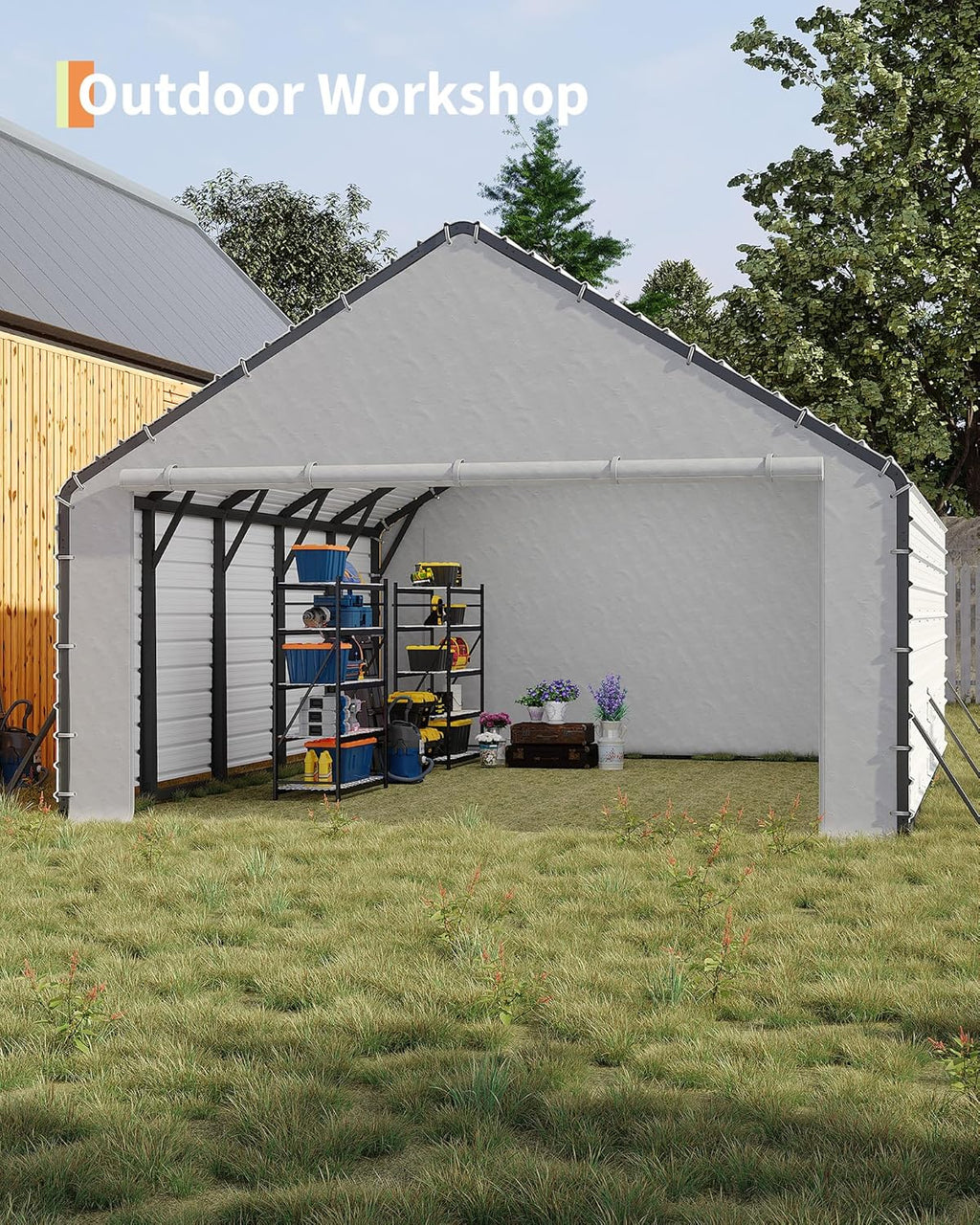 GarveeLife Heavy-Duty PE Enclosure Kit (2-Pack) for Metal Carport - 220gsm Roll-Up Zipper Door Panels for 20x25, 20x20 ft, with Ball Bungees, White