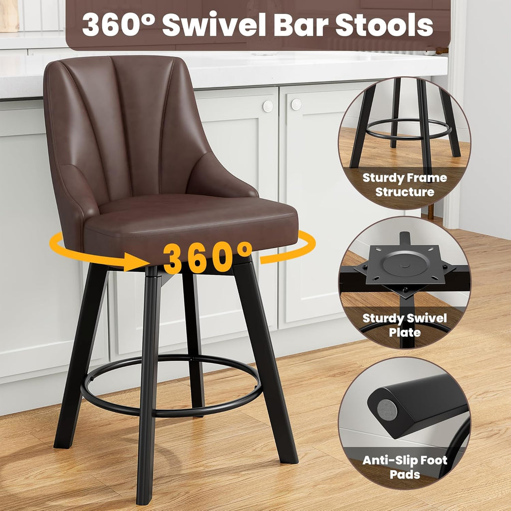 Swivel Bar Stools with Backs, 24" Counter Height Bar Stools Set of 2, PU Leather Upholstered Counter Barstools with Solid Wood Legs for Kitchen Island, Home Bar, Brown