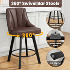 Swivel Bar Stools with Backs, 24" Counter Height Bar Stools Set of 2, PU Leather Upholstered Counter Barstools with Solid Wood Legs for Kitchen Island, Home Bar, Brown