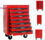 Red Metal Tool Chest with Wheels,Portable Rolling Tool Cabinet with 7 Drawers,Large Tools Chests & Cabinets with Key Locking/Pull Handle/Ball Bearing Slide for Garage Warehouse (Red+Black 7-Drawer)