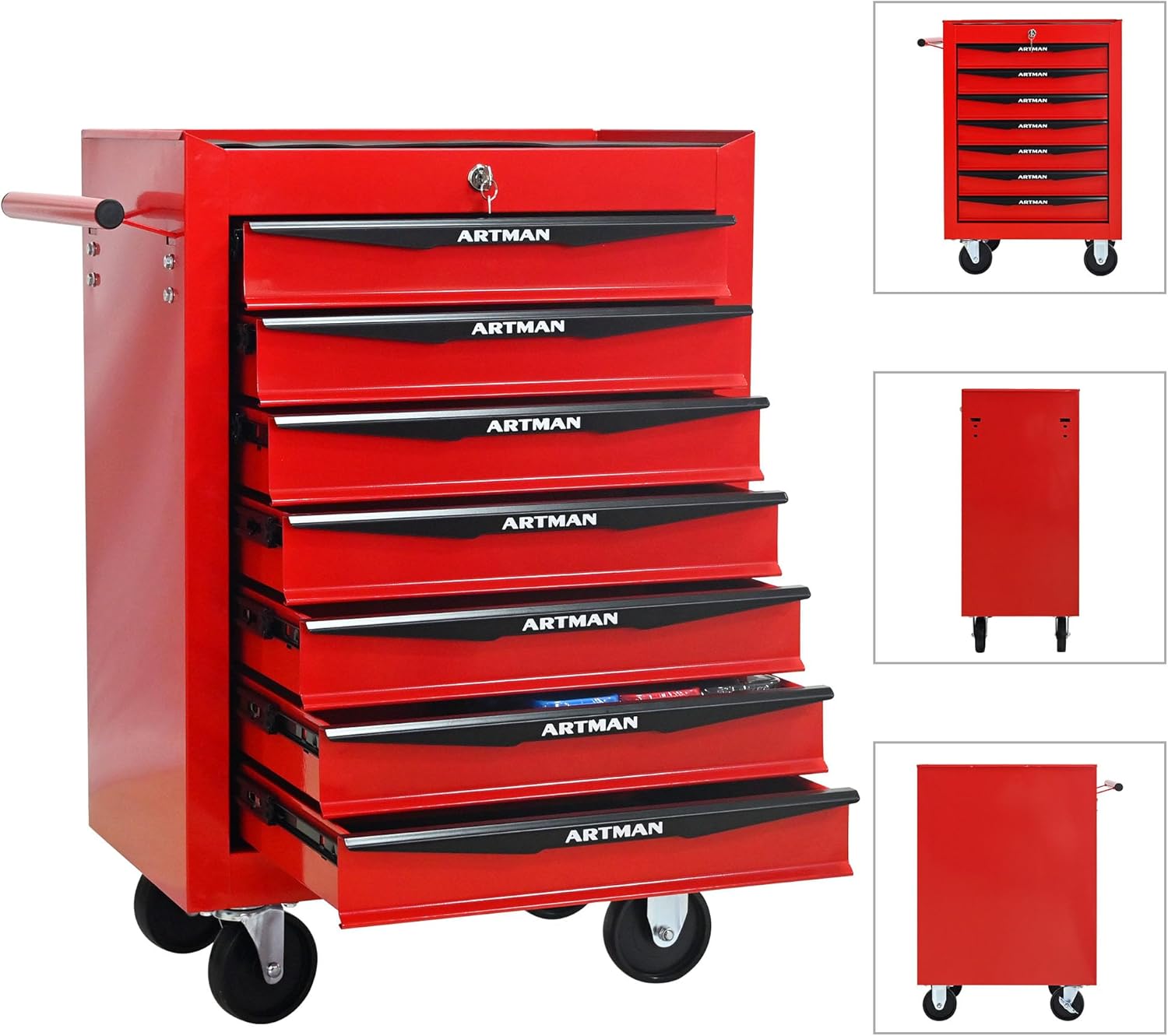 Red Metal Tool Chest with Wheels,Portable Rolling Tool Cabinet with 7 Drawers,Large Tools Chests & Cabinets with Key Locking/Pull Handle/Ball Bearing Slide for Garage Warehouse (Red+Black 7-Drawer)