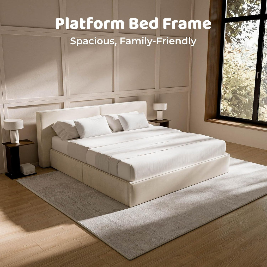 RECCI Platform Bed Frame with Plush Upholstered Headboard, Noise-Free Stability, Easy Assembly, Wood Slats (Beige, King (U.S. Standard))
