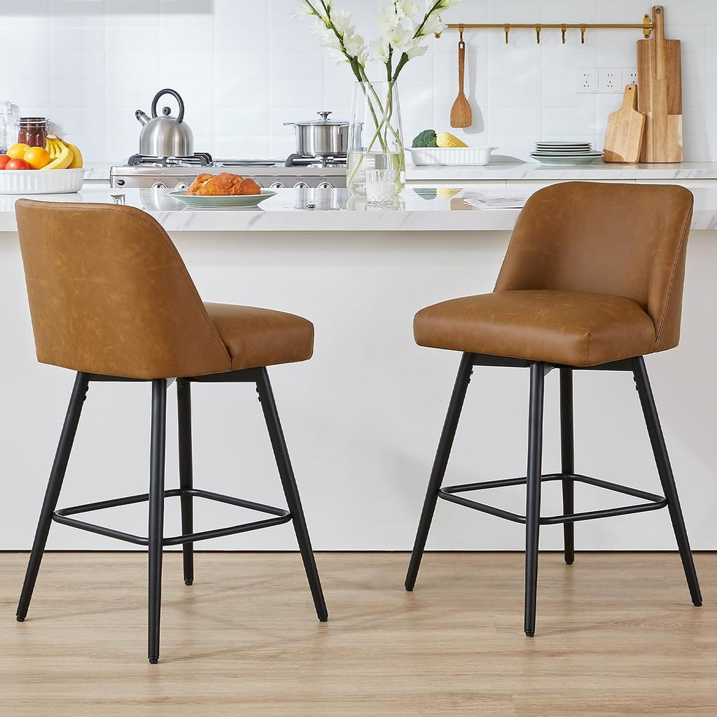 Counter Height Bar Stools Set of 4,360° Swivel Faux Leather Barstools with High Back 26" H Seat Height (Faux Leather-Saddle Brown, 4 Pieces - 26" Counter Height)