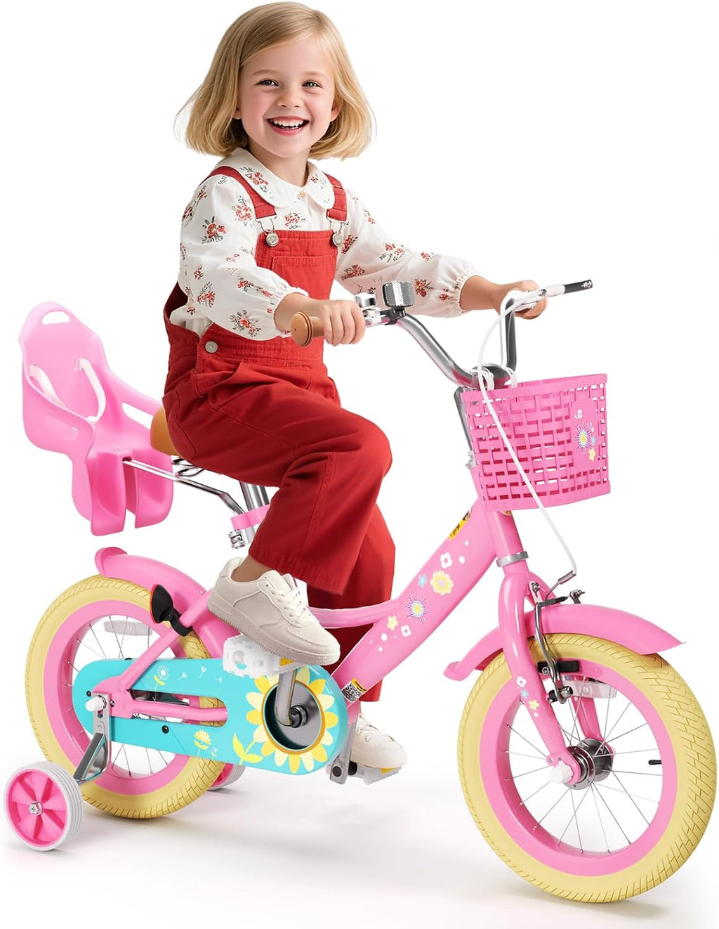 XJD Girls Bike for Toddlers 3-9 Years Old Kids, 12 14 16 Inch Kids Bike with Training Wheels, Streamers, Basket and Doll Seat