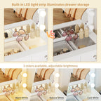 VOWNER Vanity with Lighted Mirror - Makeup Vanity Desk with Glass Top and 11 Drawers, 3 Color Lighting Modes Adjustable Brightness, 46" Vanity Table with Soft Cushioned Stool for Bedroom, White