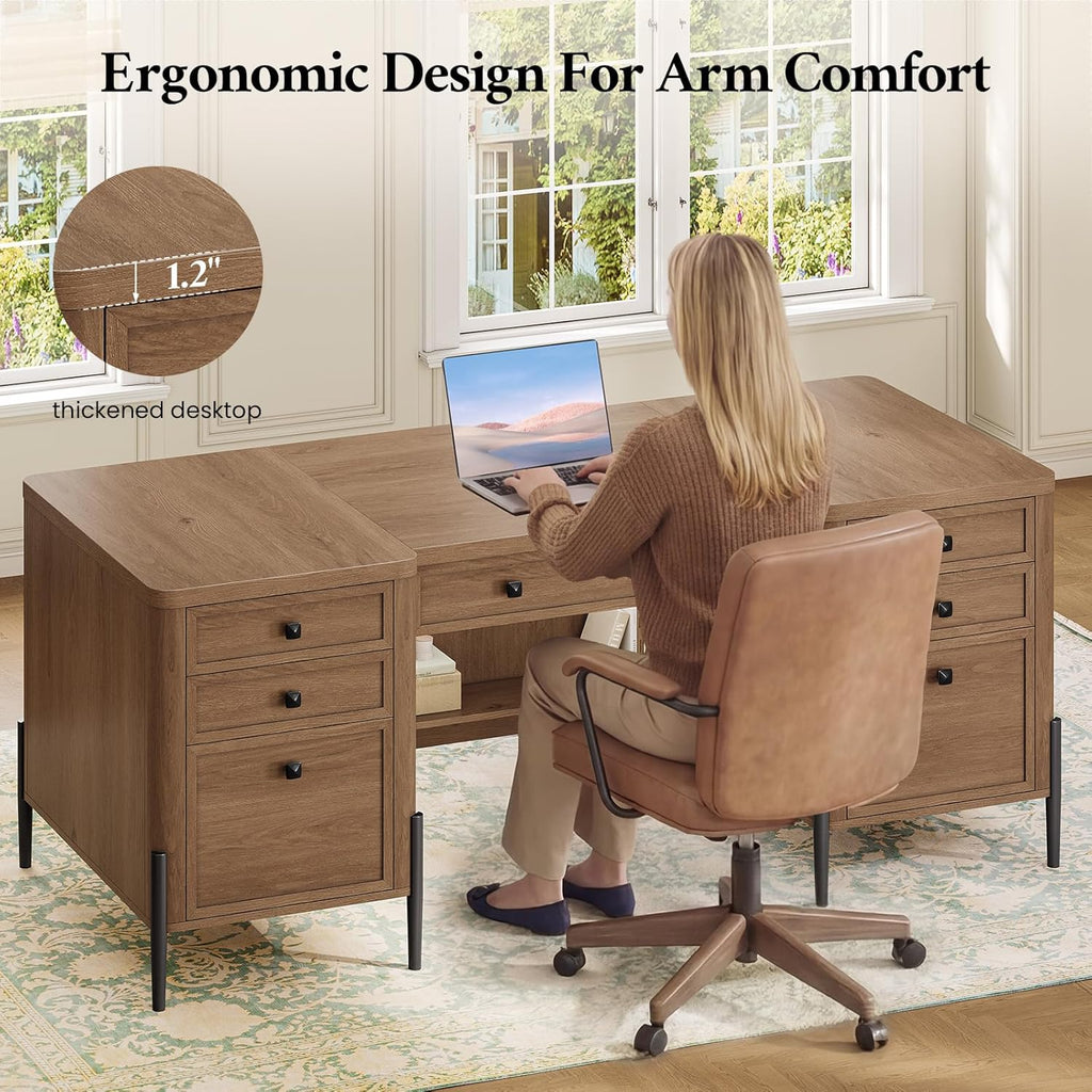 63" Executive Desk with 5 Drawers, Farmhouse Home Office Desks with 2 Storage Cabinet and Keyboard Tray, Large Boss Desk with Privacy Panel, Modern Table with Open Shelf and File Drawer