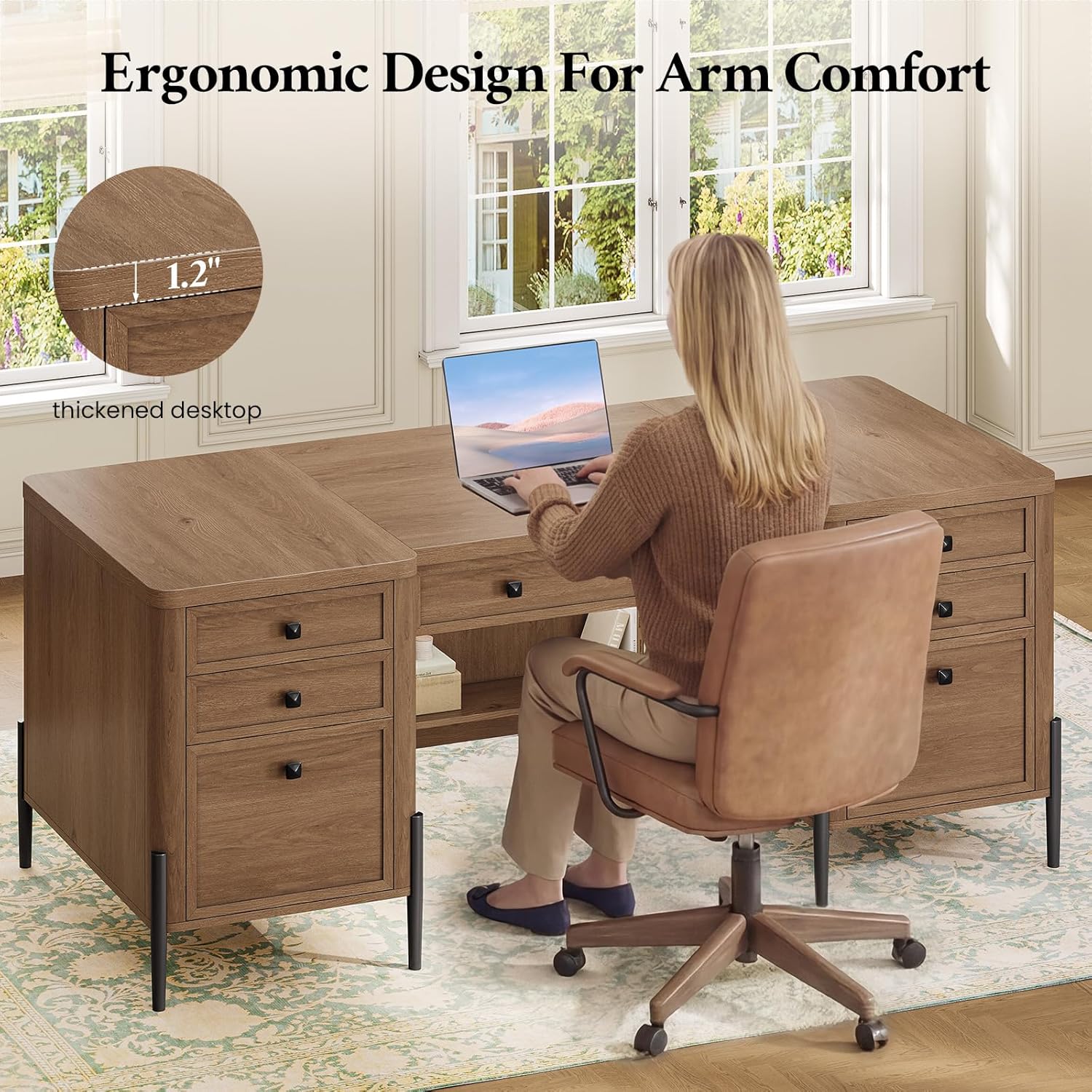 63" Executive Desk with 5 Drawers, Farmhouse Home Office Desks with 2 Storage Cabinet and Keyboard Tray, Large Boss Desk with Privacy Panel, Modern Table with Open Shelf and File Drawer