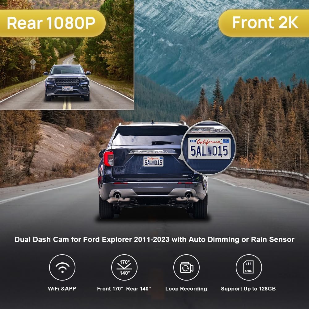 Fitcamx Front 2160P+Rear 1080P Dash Cam for 2011-2023 Ford Explorer with Auto Dimming/Rain Sensor (HD2-6275)  OEM Look  Dual HD Video  Loop Recording  WiFi & APP  G-Sensor  Easy to Use  128GB Card