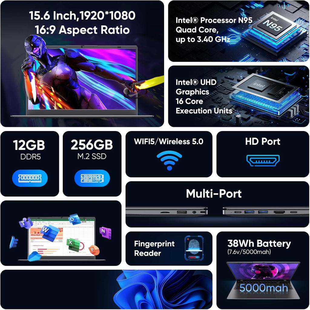 Coolby 15.6inch Laptop  12GB RAM/256GB SSD  1920x1080 IPS Display  Intel N95(Beats N5095) Quad Core Laptop Computer  Support Fingerprint  WiFi 5  BT