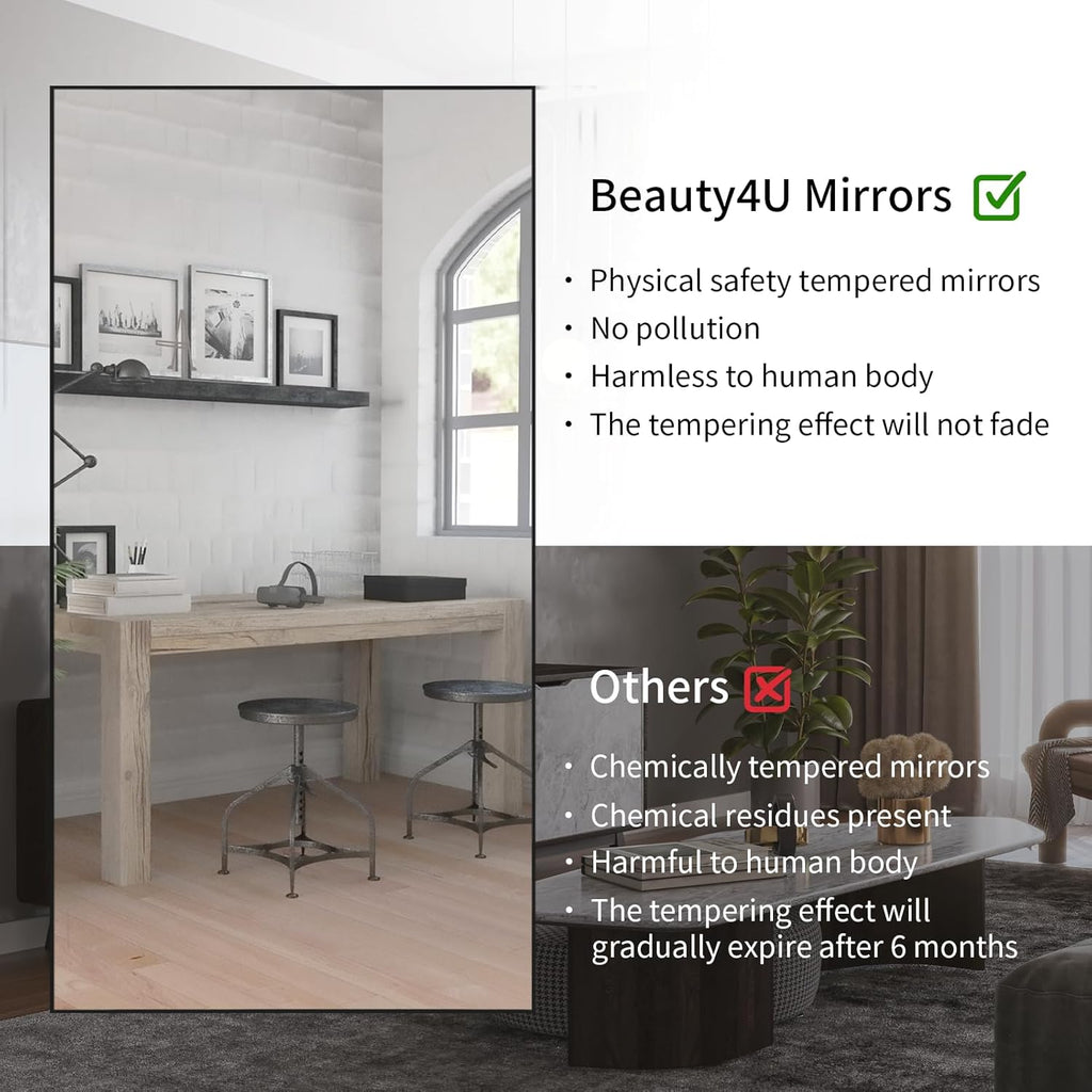 Beauty4U 76" x 34" Large Full Length Mirror with Stand, Black Wall Mounting Full Body Tempered Mirror for Living Room, Bedroom