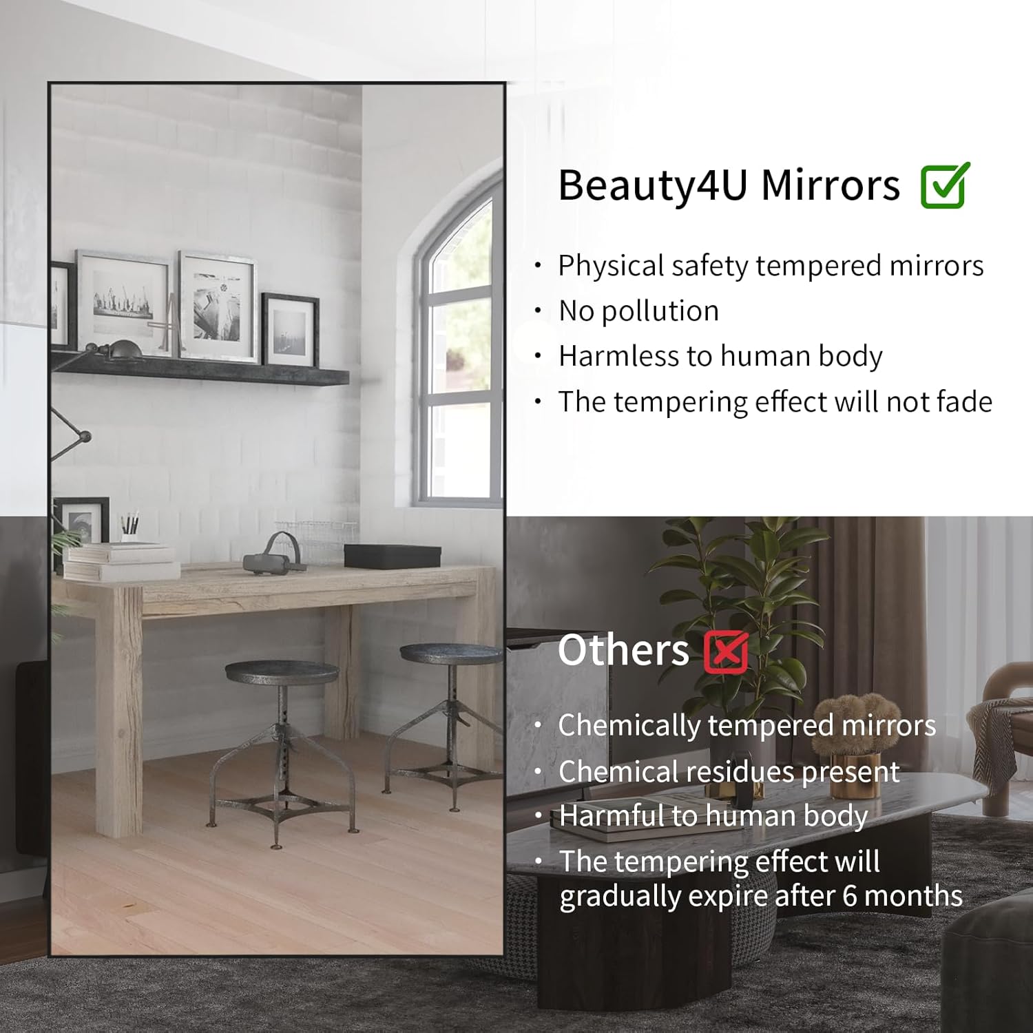 Beauty4U 76" x 34" Large Full Length Mirror with Stand, Black Wall Mounting Full Body Tempered Mirror for Living Room, Bedroom