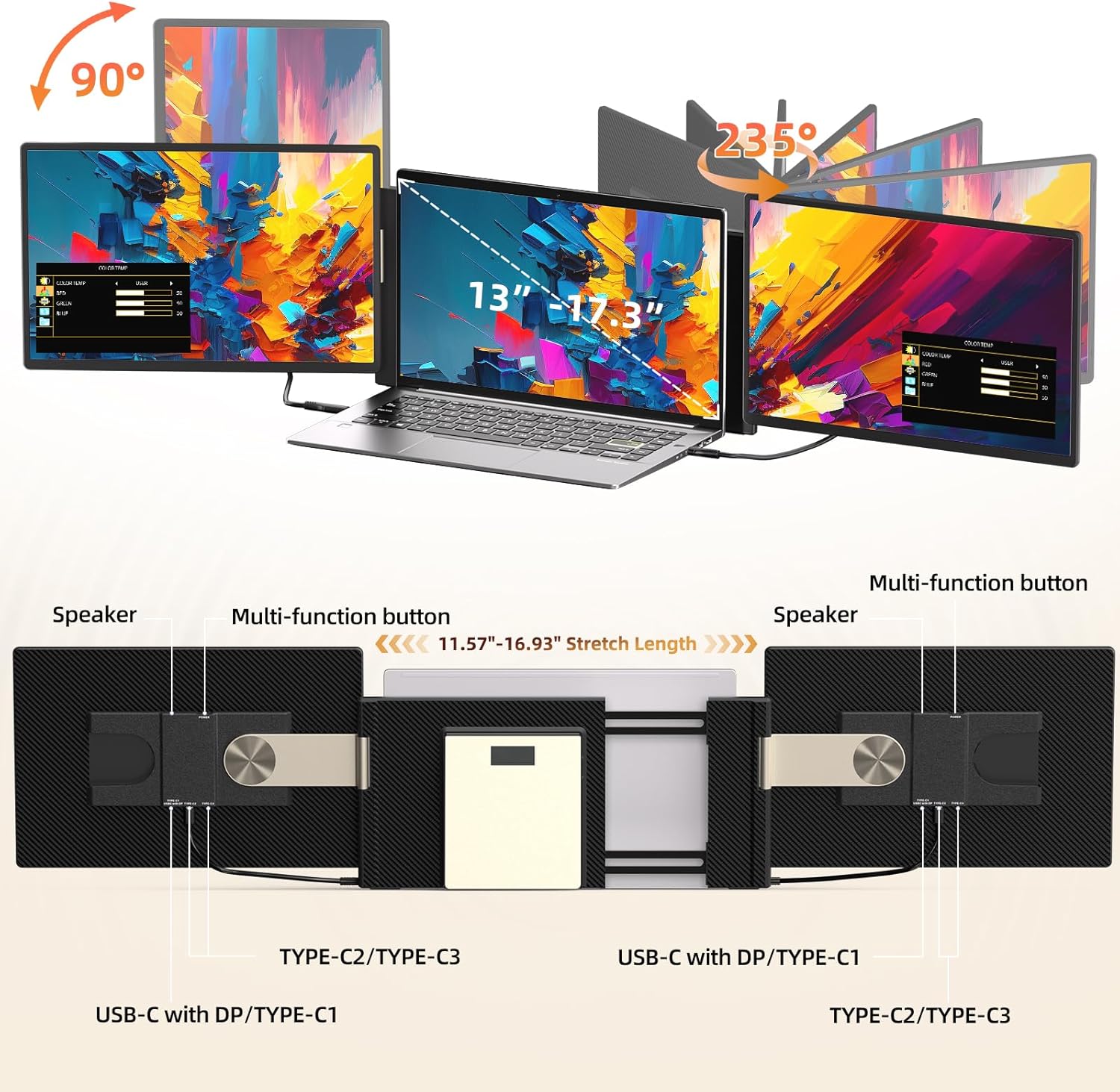Laptop Screen Extender 2.5K Monitor - 16" Double Portable Monitor 2560x1600P QHD 100% sRGB IPS 235° Rotation Detachable Screen Design Extra Compatible with Mac Wins Dex Chrome Fits 13"-17" Laptops