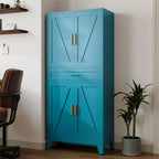 71 "Farmhouse Metal Filing Cabinet with a Drawer and 4 Adjustable Shelves, with 4 Large barn Door Blue Kitchen Cabinets, Metal Food Cabinets for Home, Kitchen, Dining/Living Room (Peacock Blue)