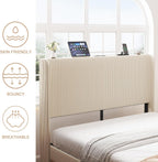 King Size Bed Frame,Upholstered Platform Bed Frame King Size with Vertical Channel Tufted Wingback Headboard/Charging Station/LED Light,Heavy Duty Metal Slats,No Box Spring Needed,Easy Assembly,Beige