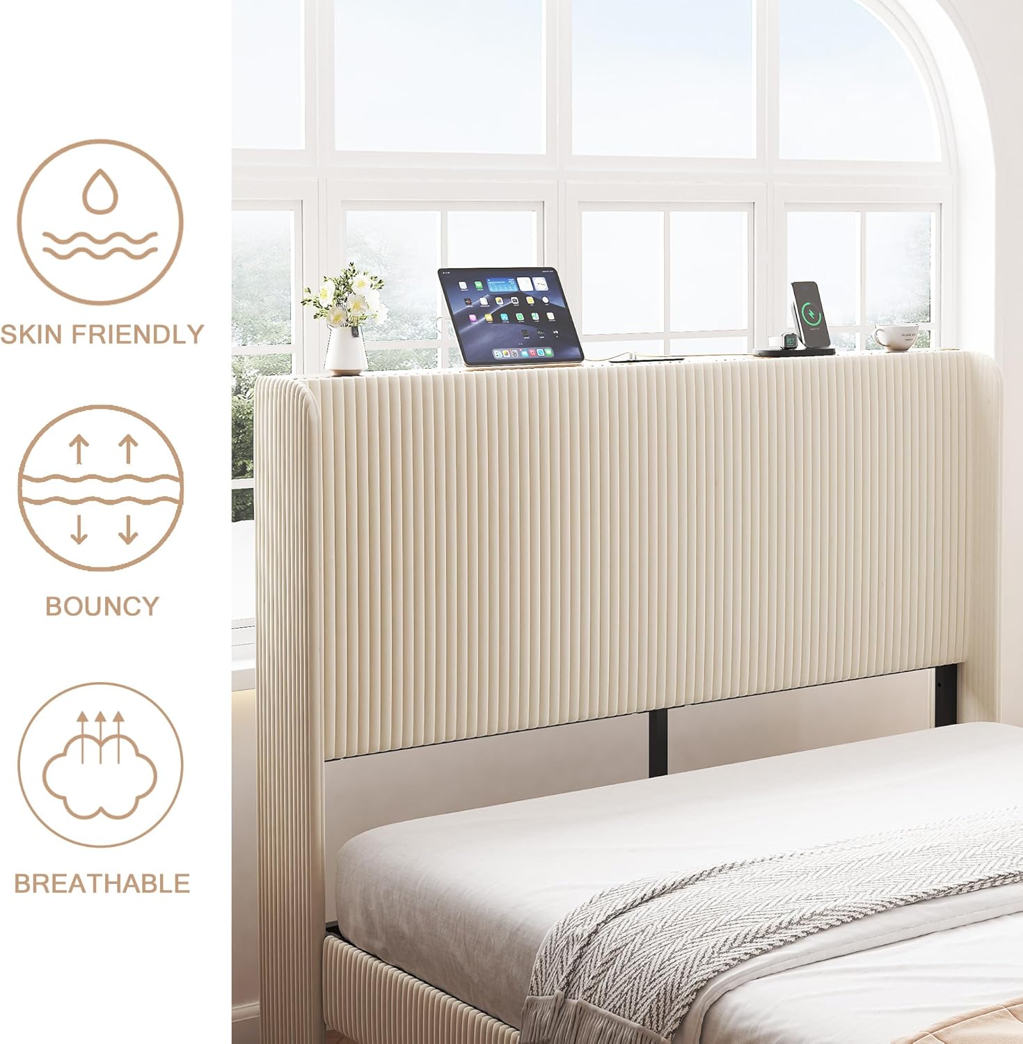 King Size Bed Frame,Upholstered Platform Bed Frame King Size with Vertical Channel Tufted Wingback Headboard/Charging Station/LED Light,Heavy Duty Metal Slats,No Box Spring Needed,Easy Assembly,Beige