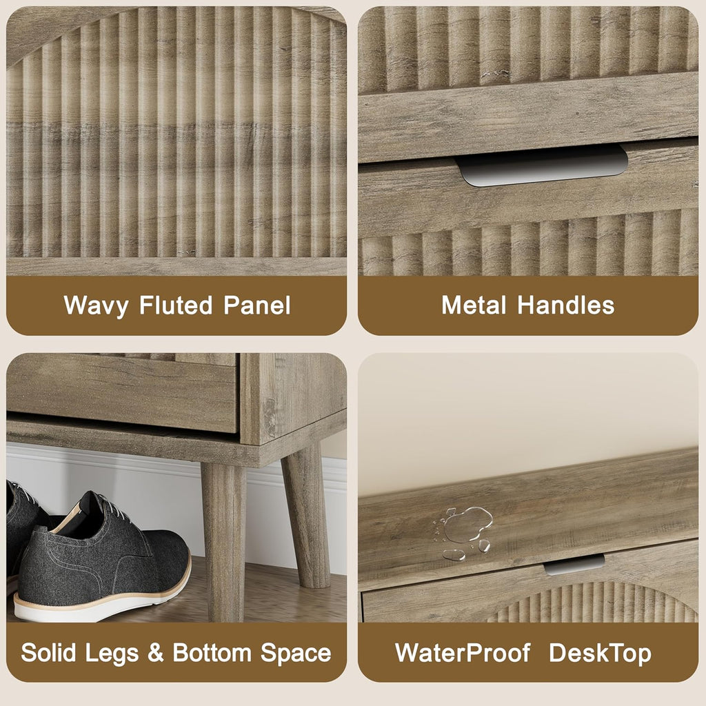 Shoe Storage Cabinet with 2 Flip Drawers, Narrow Wood Shoe Organizer Cabinet with Fluted Panel, Slim Shoe Rack for Entryway, Freestanding Shoe Cabinet for Living Room, Hallway, Grey