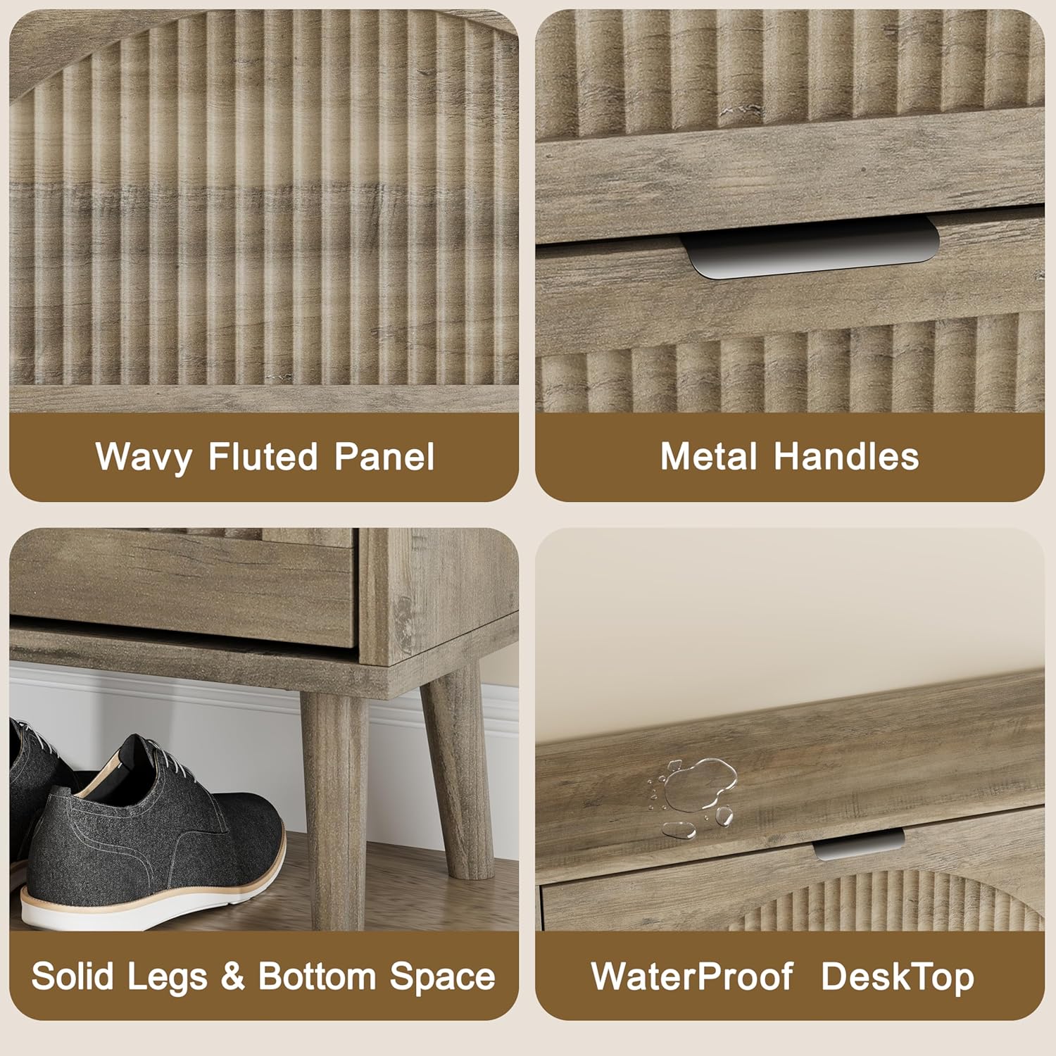 Shoe Storage Cabinet with 2 Flip Drawers, Narrow Wood Shoe Organizer Cabinet with Fluted Panel, Slim Shoe Rack for Entryway, Freestanding Shoe Cabinet for Living Room, Hallway, Grey