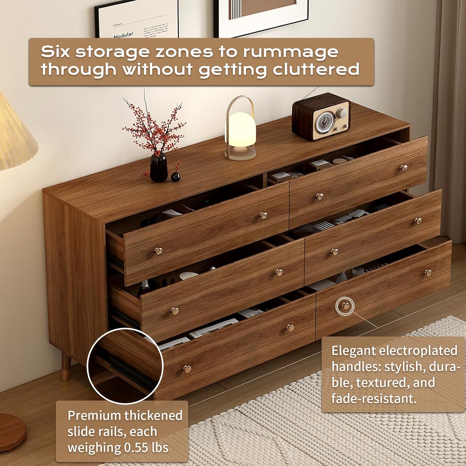 6 Drawer Dresser for Bedroom, 55 Inch Walnut Dresser for Closet, Mid Century Wood Chest of Drawers with Natural Texture & Pre-Embedded Slots for TV Stand, Living Room, Hallway, Office